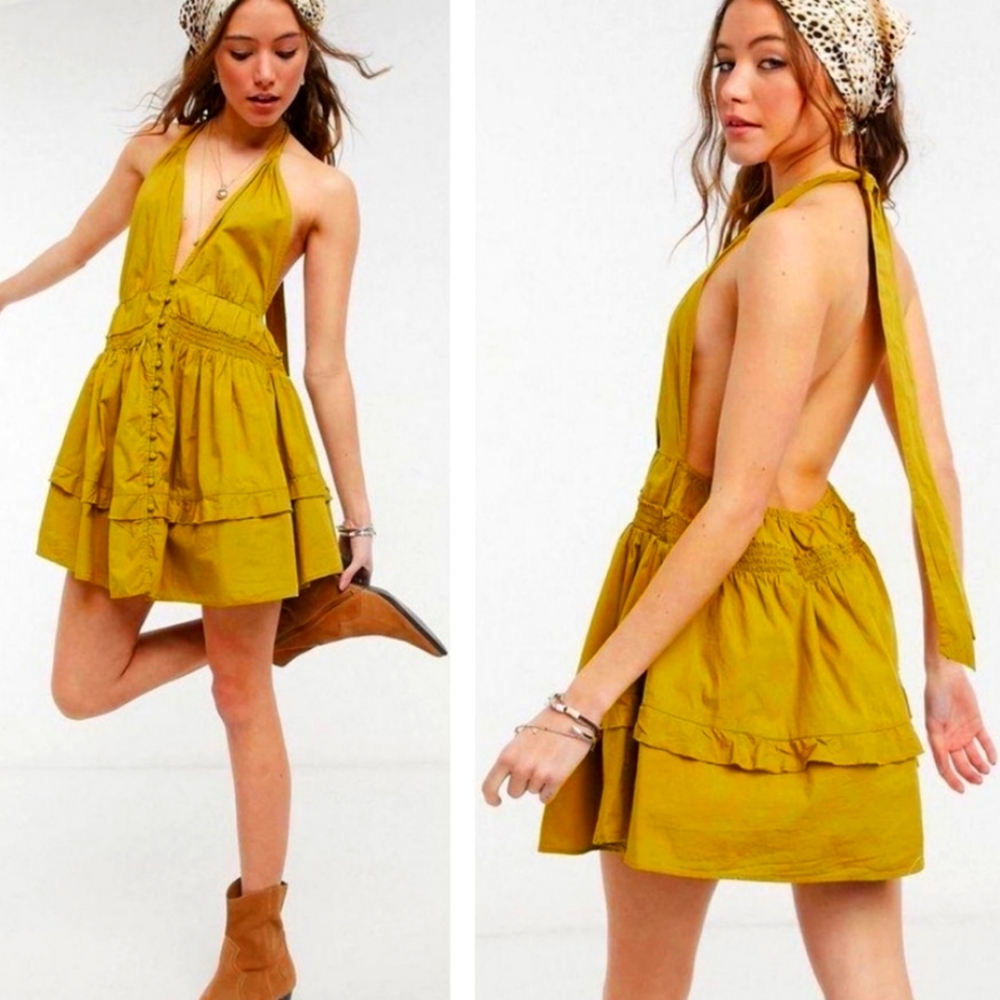 Free People Sail Away Summer Festival Tunic Dress Ruffle Tie Back Dirty Olive M